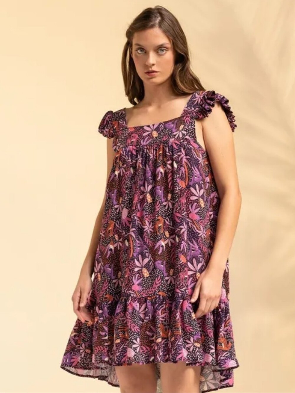 Sybilla Jungle Theme Purple Red  Smocked Ruffle Sleeve Tiered Mini Dress M